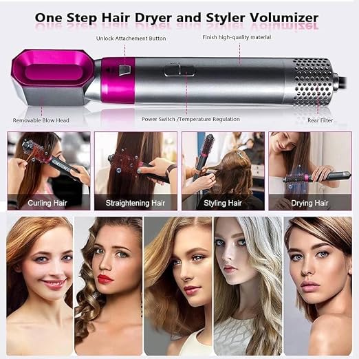 LuxeAir 5-in-1 Hair Dryer Brush Ceramic Anti-Frizz Styler, Fuchsia