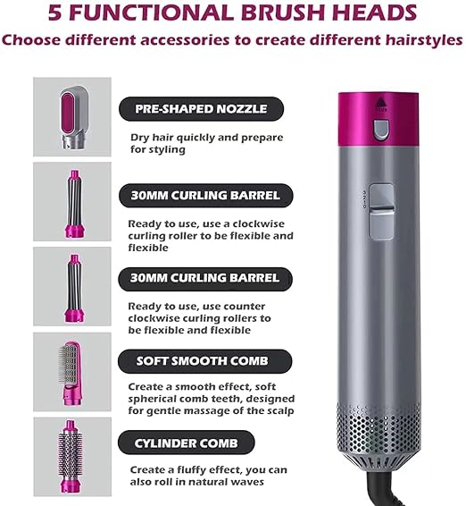 LuxeAir 5-in-1 Hair Dryer Brush Ceramic Anti-Frizz Styler, Fuchsia