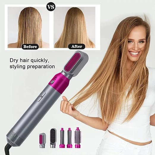 LuxeAir 5-in-1 Hair Dryer Brush Ceramic Anti-Frizz Styler, Fuchsia