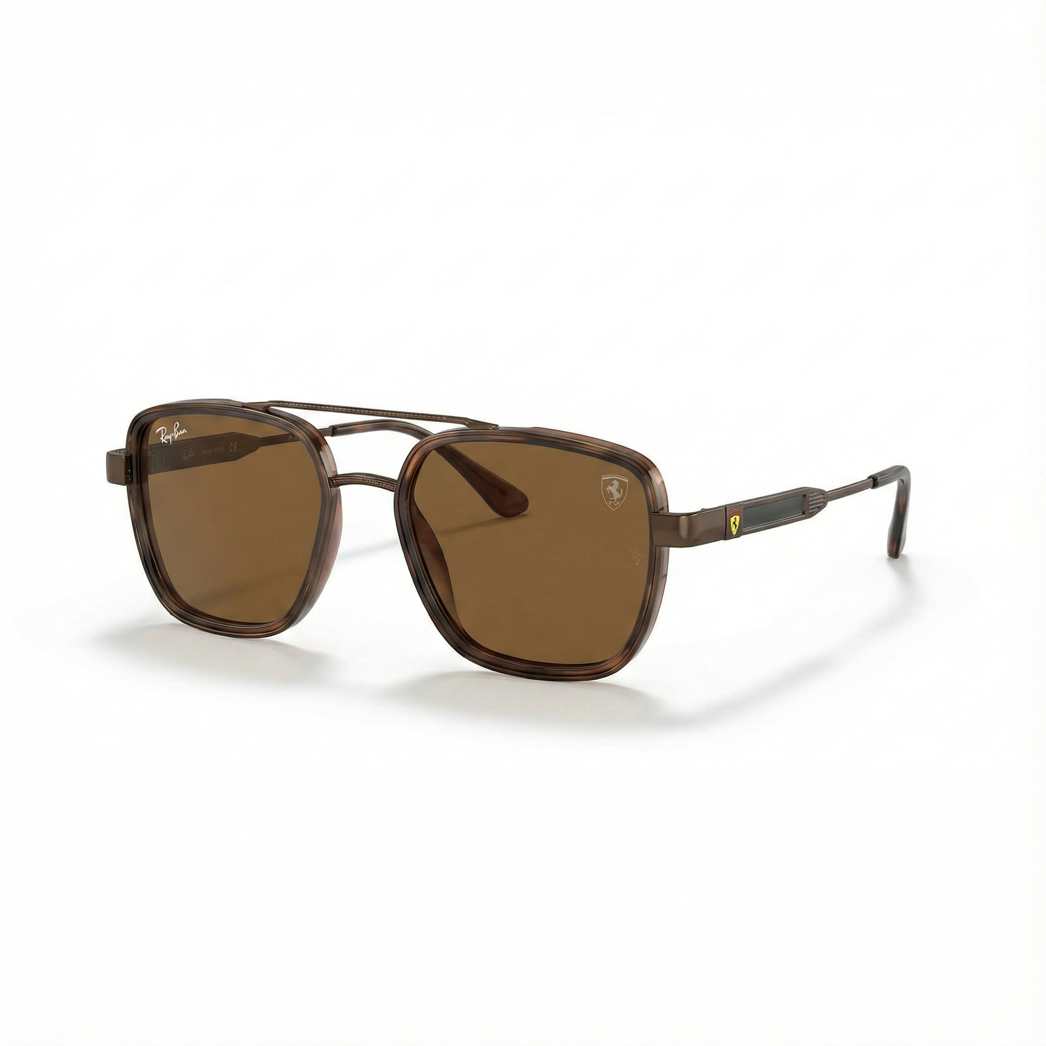 Brown sunglasses with a logo on a white background