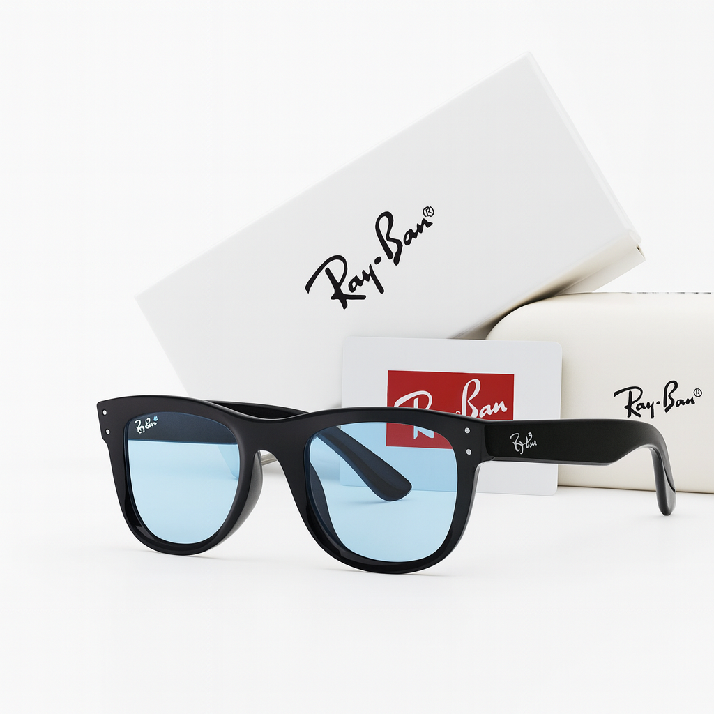 Ray-Ban Wayfarer Polarized Sunglasses - Gloss Black with Light Blue Lenses