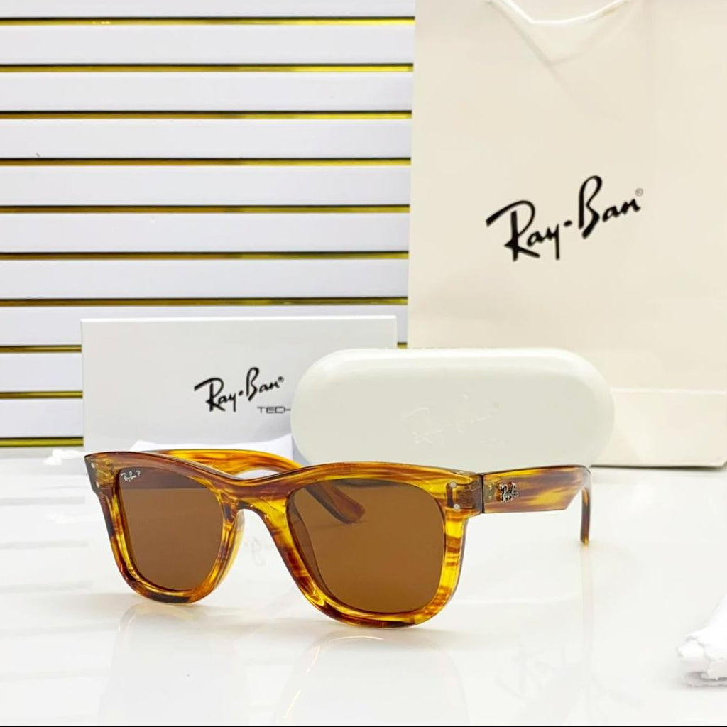 Ray-Ban sunglasses with a white case on a striped background