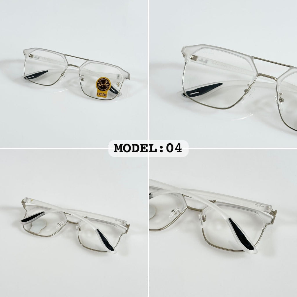 Clear eyeglasses with silver frames on a white background, labeled 'Model: 04'.