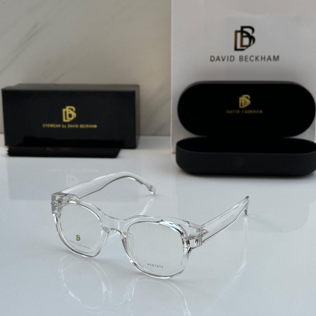 Clear eyeglasses with David Beckham logo and branded case on a white background