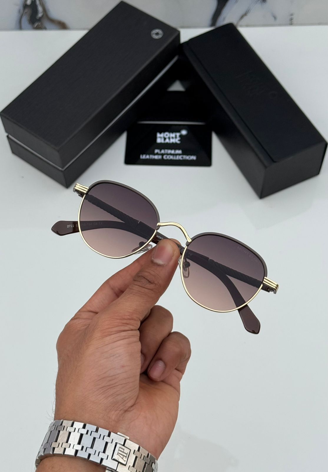 Montblanc Round Metal Sunglasses - Platinum Leather Series - 3 Colors