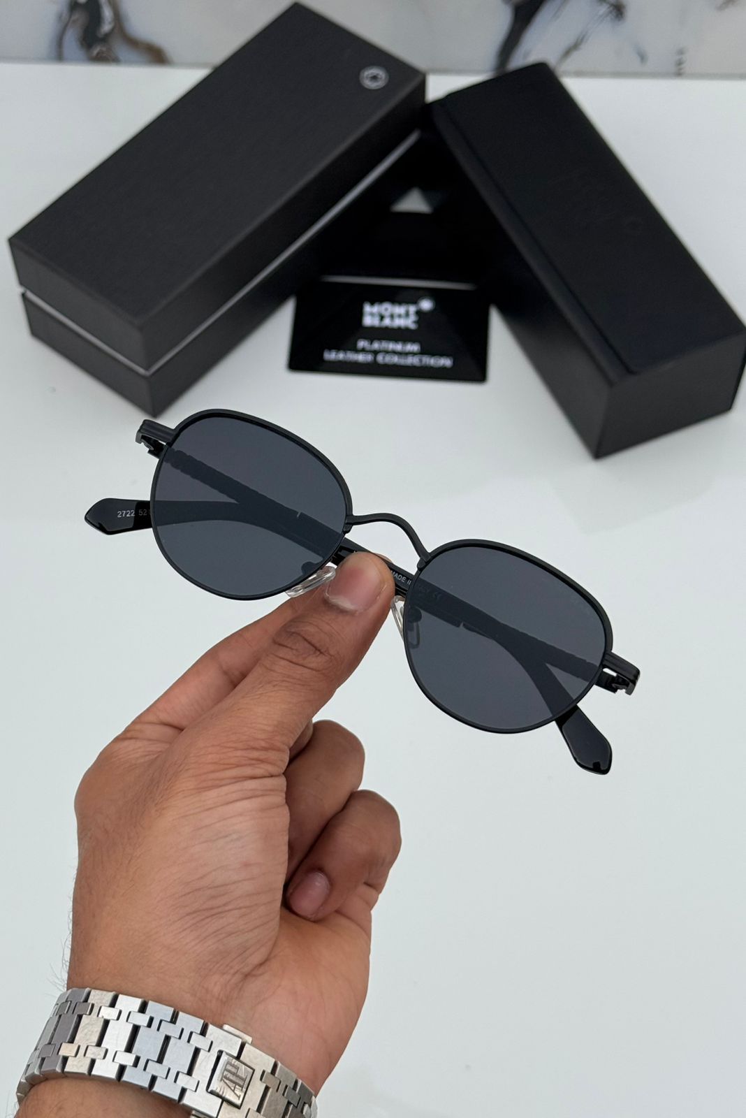Montblanc Round Metal Sunglasses - Platinum Leather Series - 3 Colors