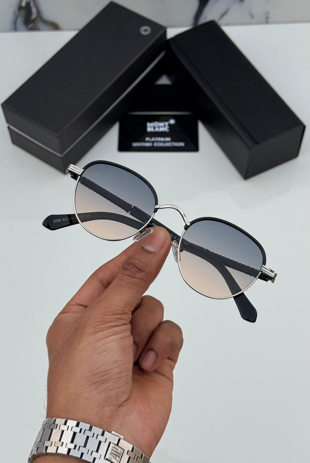Montblanc Round Metal Sunglasses - Platinum Leather Series - 3 Colors