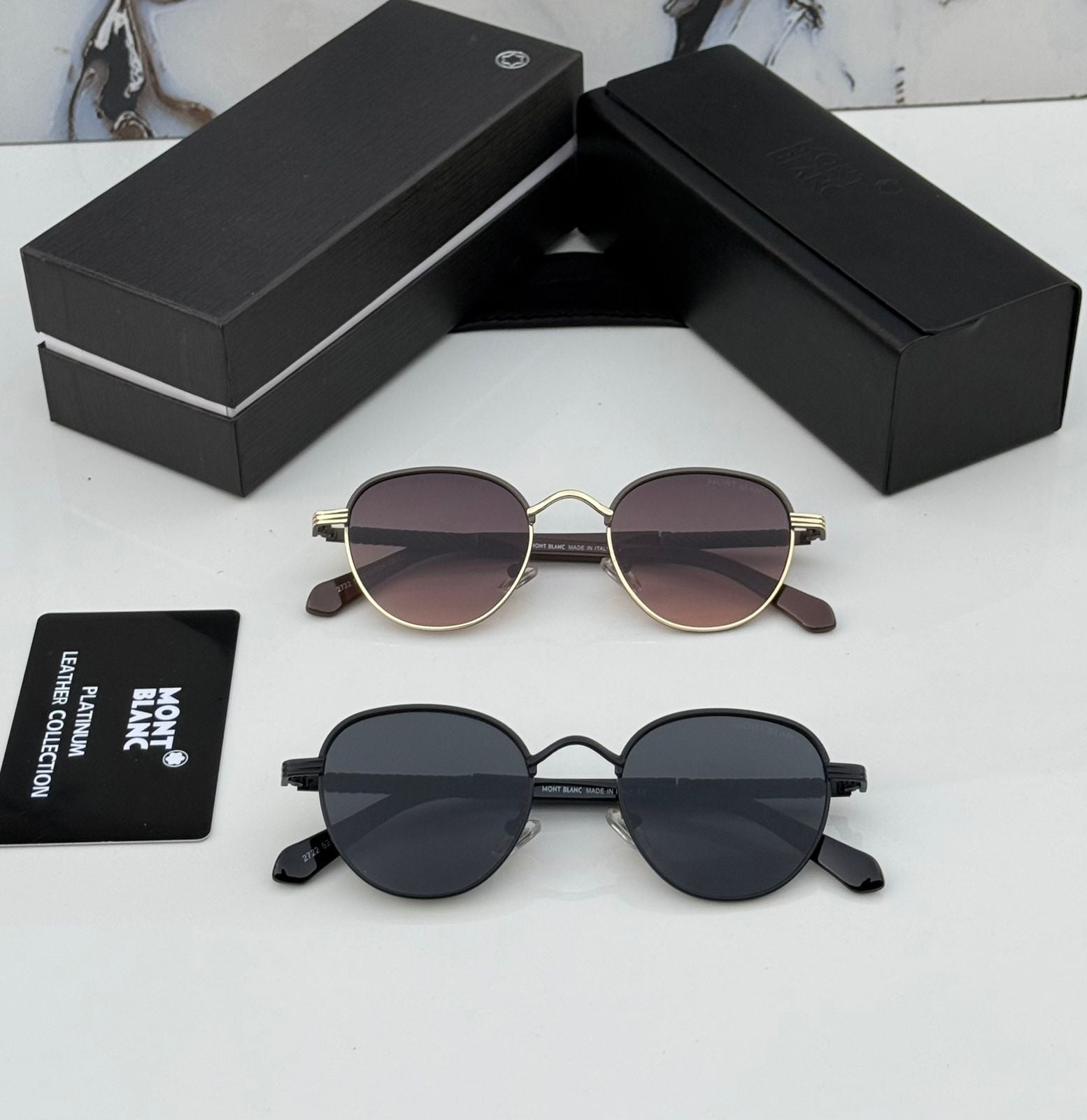 Montblanc Round Metal Sunglasses - Platinum Leather Series - 3 Colors