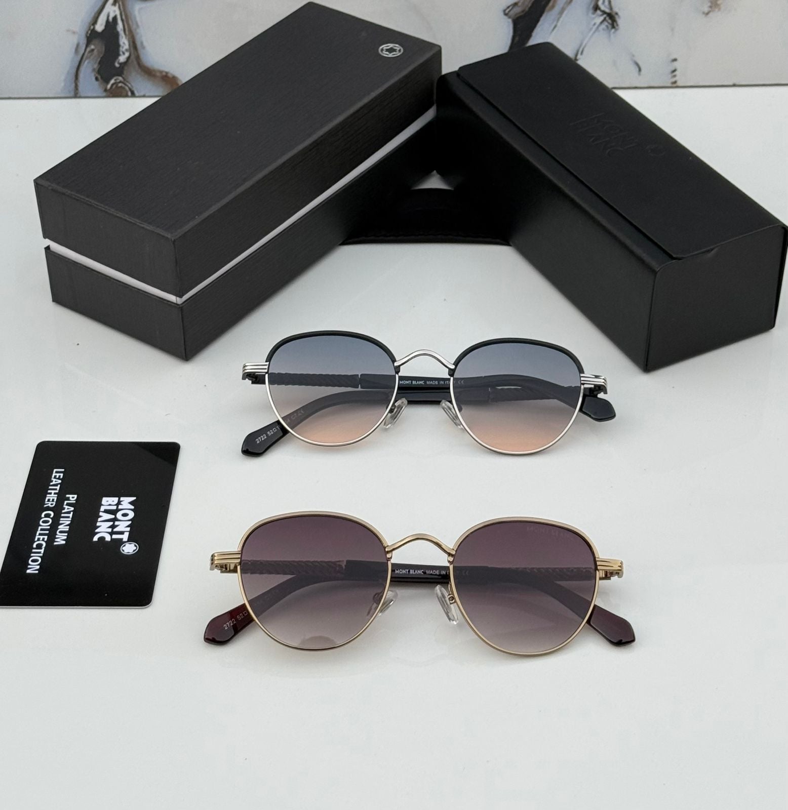 Montblanc Round Metal Sunglasses - Platinum Leather Series - 3 Colors