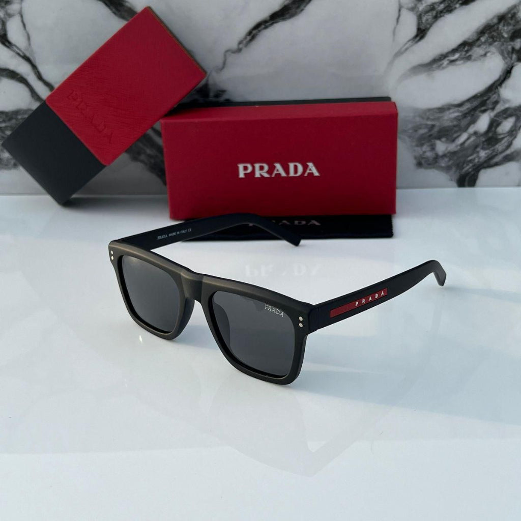 Prada Linea Rossa Rectangular Sunglasses - Matte Black & Red Stripe Logo