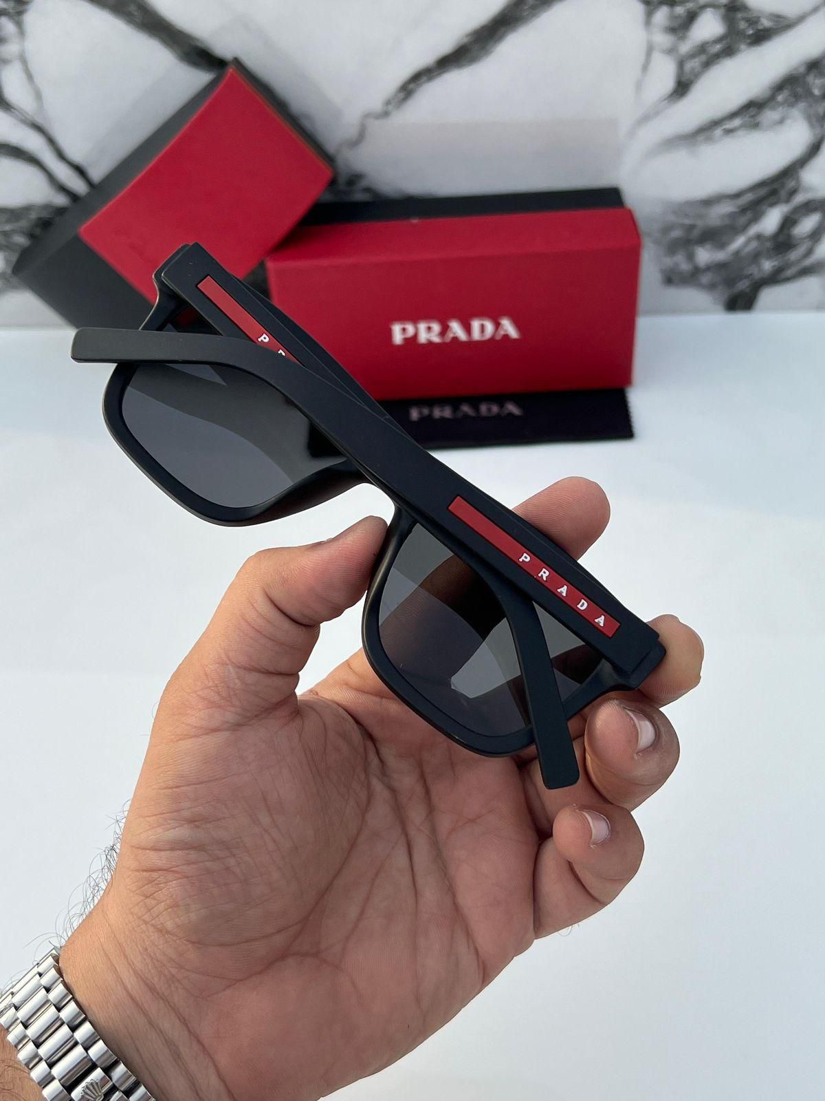 Prada Linea Rossa Rectangular Sunglasses - Matte Black & Red Stripe Logo