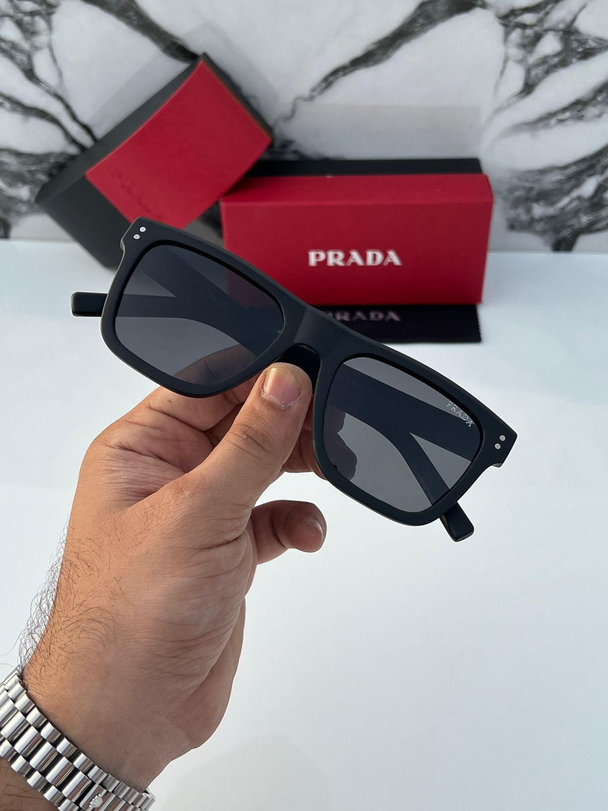Prada Linea Rossa Rectangular Sunglasses - Matte Black & Red Stripe Logo