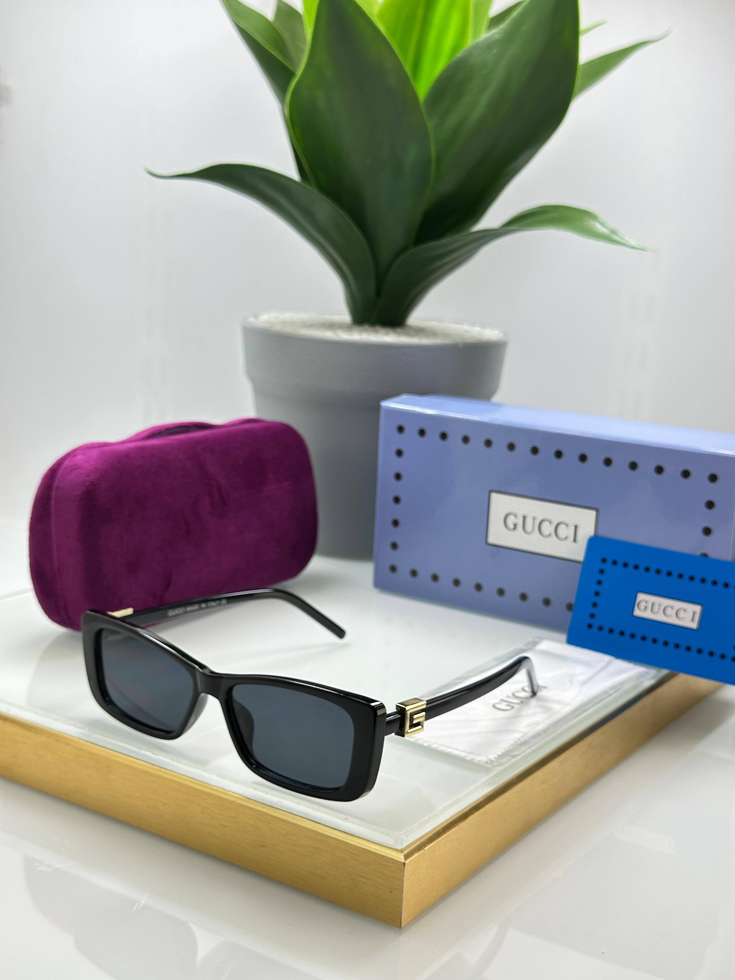 Gucci Narrow Rectangular Sunglasses - Gloss Acetate & Gold G Logo - 3 Colors