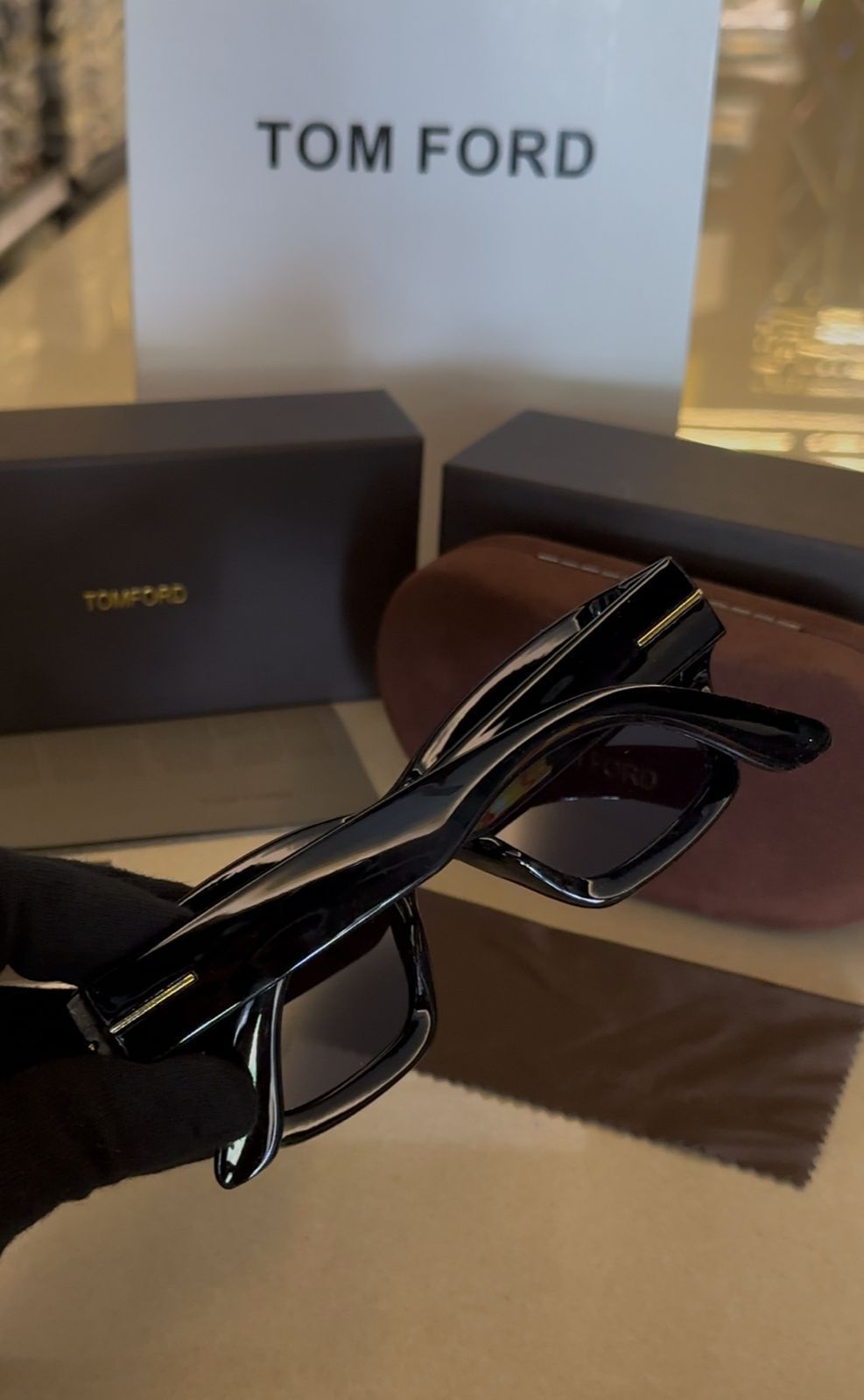 Tom Ford Rectangular Sunglasses - Gloss Black Acetate & Gold T Logo
