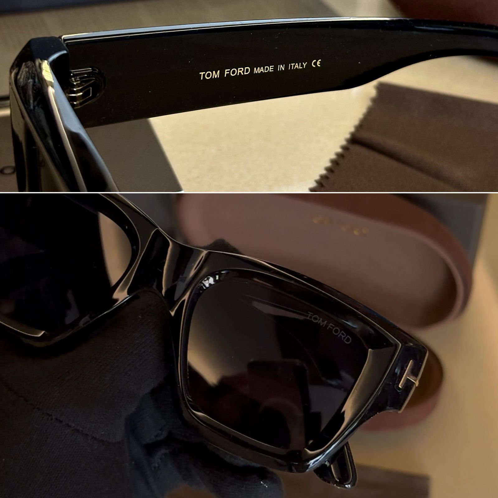 Tom Ford Rectangular Sunglasses - Gloss Black Acetate & Gold T Logo