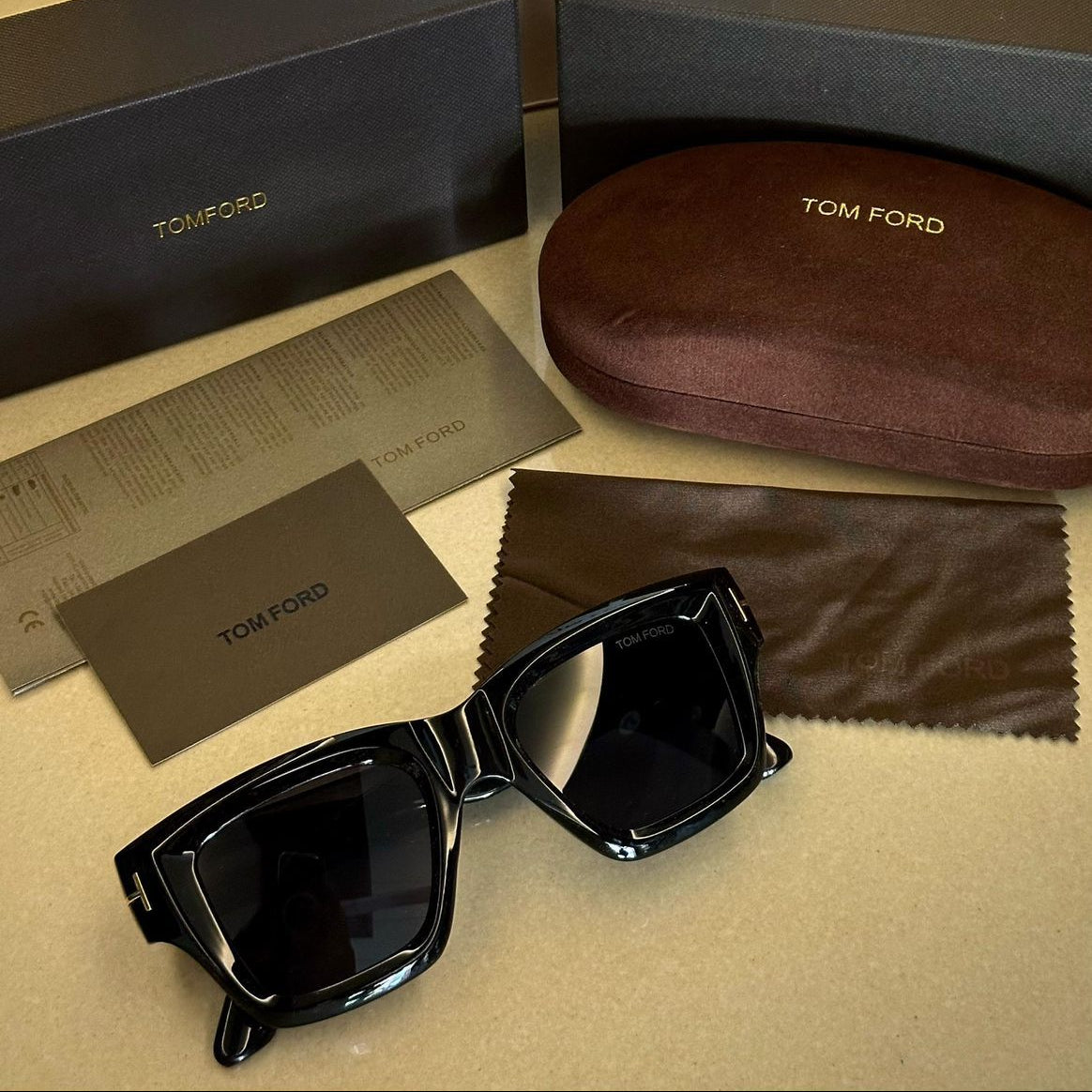 Tom Ford Rectangular Sunglasses - Gloss Black Acetate & Gold T Logo