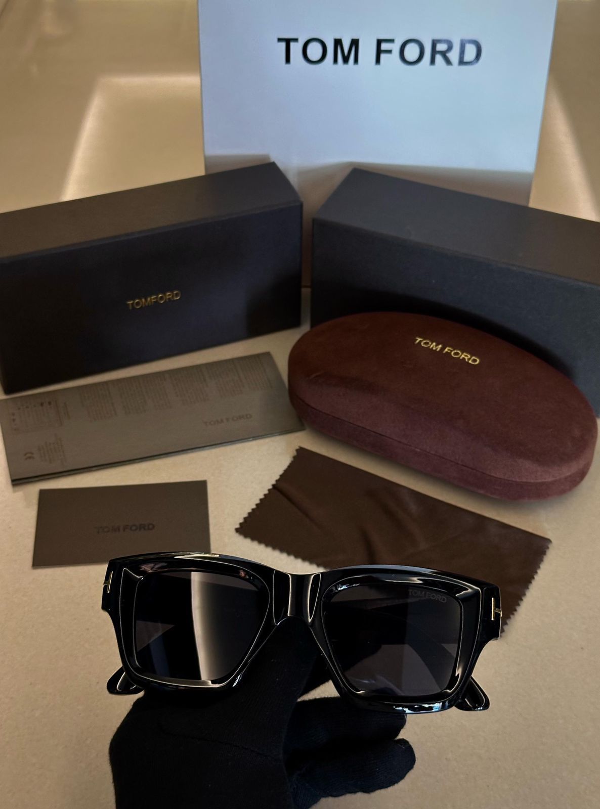 Tom Ford Rectangular Sunglasses - Gloss Black Acetate & Gold T Logo