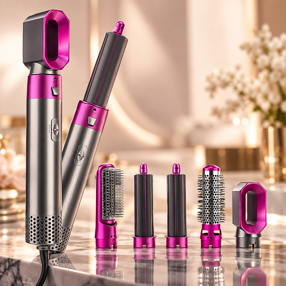 LuxeAir 5-in-1 fuchsia and matte grey ceramic hot air styler with interchangeable drying, curling, and volumizing heads.