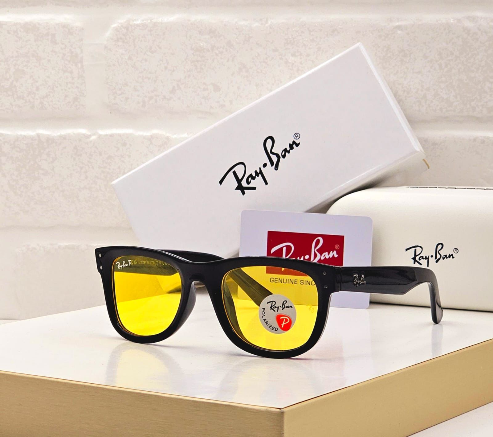 Ray-Ban Wayfarer Polarized Sunglasses - Gloss Black with Yellow Lenses