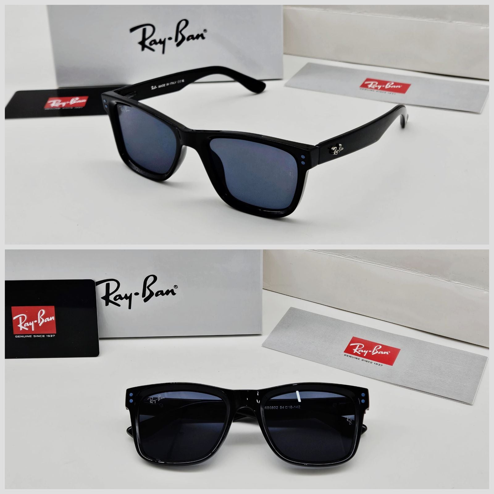 Ray-Ban Rectangular Wayfarer Sunglasses - Gloss Black & Deep Blue Lens