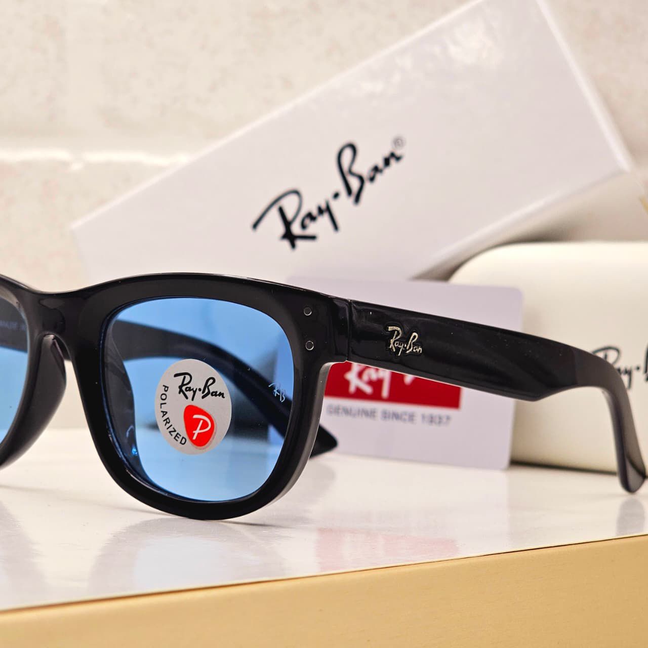 Ray-Ban Wayfarer Polarized Sunglasses - Gloss Black with Light Blue Lenses
