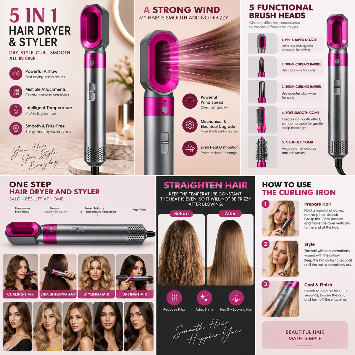 LuxeAir 5-in-1 Hair Dryer Brush Ceramic Anti-Frizz Styler, Fuchsia